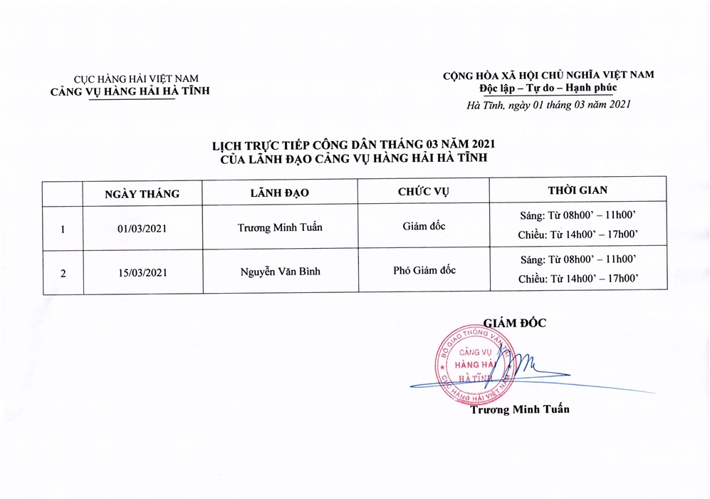 Lịch trực tiếp công dân tháng 3 năm 2021 của Lãnh đạo Cảng vụ Hàng hải Hà Tĩnh