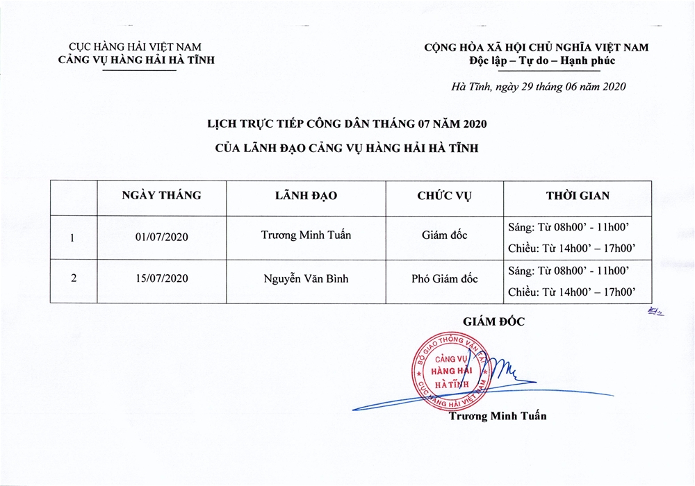 Lịch trực tiếp công dân tháng 07 năm 2020 của Lãnh đạo Cảng vụ Hàng hải Hà Tĩnh.