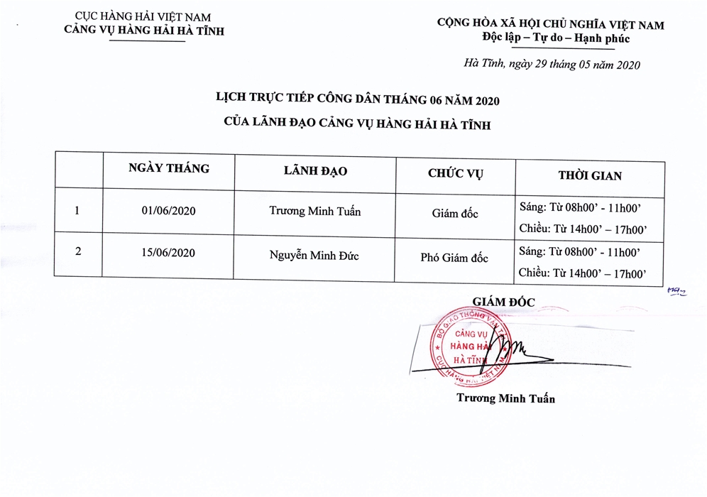 Lịch trực tiếp công dân tháng 06 năm 2020 của Lãnh đạo Cảng vụ Hàng hải Hà Tĩnh.