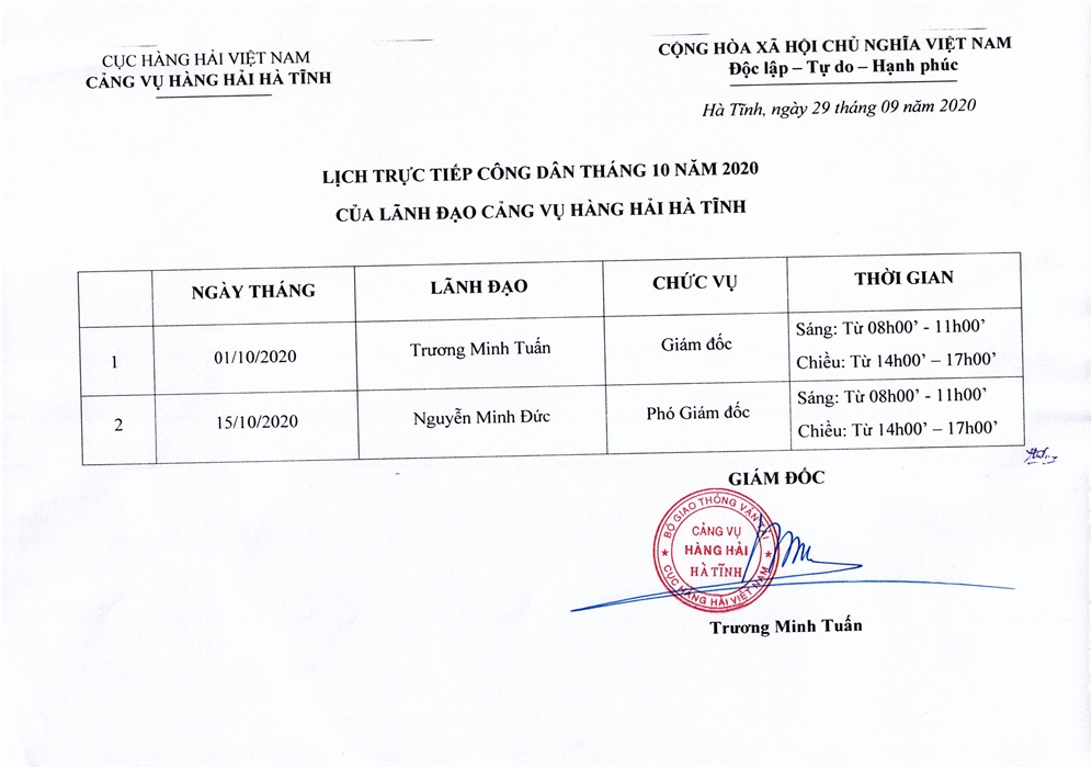 Lịch trực tiếp công dân tháng 10 năm 2020 của Lãnh đạo Cảng vụ Hàng hải Hà Tĩnh.