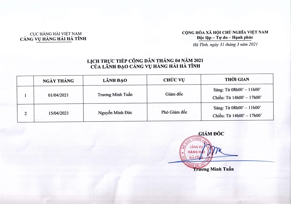 Lịch trực tiếp công dân tháng 4 năm 2021 của Lãnh đạo Cảng vụ Hàng hải Hà Tĩnh