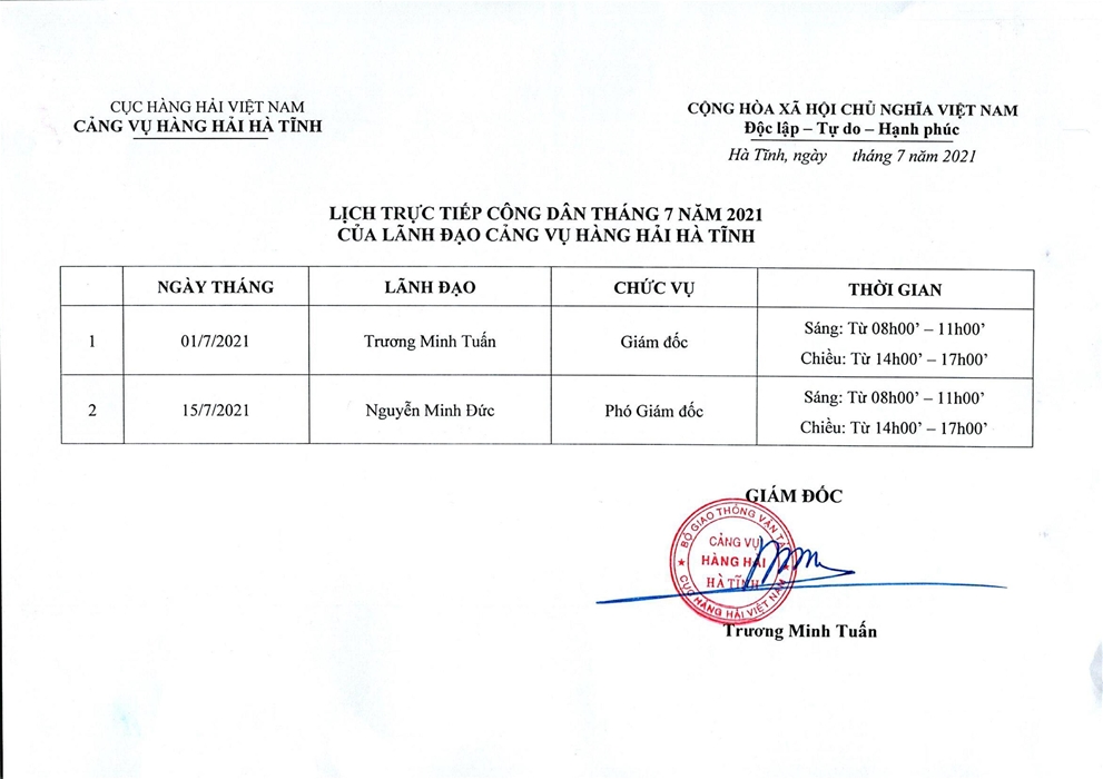 Lịch trực tiếp công dân tháng 7 năm 2021 của Lãnh đạo Cảng vụ Hàng hải Hà Tĩnh
