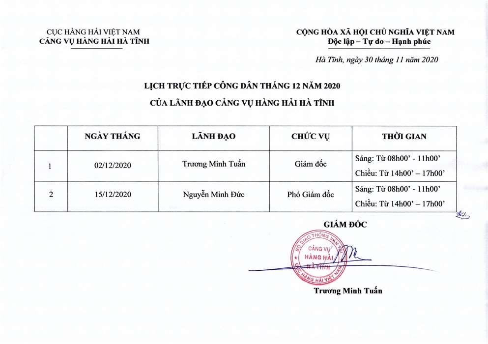 Lịch trực tiếp công dân tháng 12 năm 2020 của Lãnh đạo Cảng vụ Hàng hải Hà Tĩnh