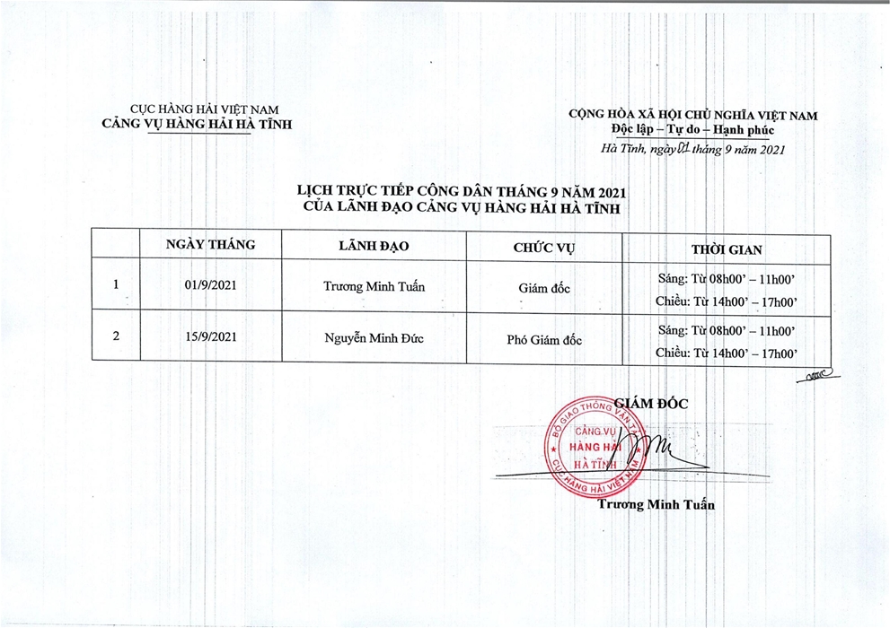 Lịch trực tiếp công dân tháng 9 năm 2021 của Lãnh đạo Cảng vụ Hàng hải Hà Tĩnh